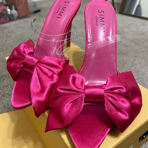 EZLILI PINK SATIN BOW STILETTO MULES